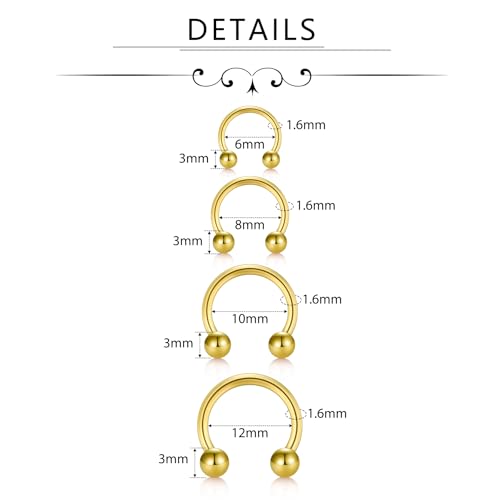 D.Bella 16G 18G 20G Horseshoe Septum Rings Surgical Steel Nose Piercing Jewelry Cartilage Helix Tragus Earring Hoop Eyebrow Lip Retainer for Women Men 6mm 8mm 10mm 12mm - color: 16g-6mm 8mm 10mm 12mm -Gold