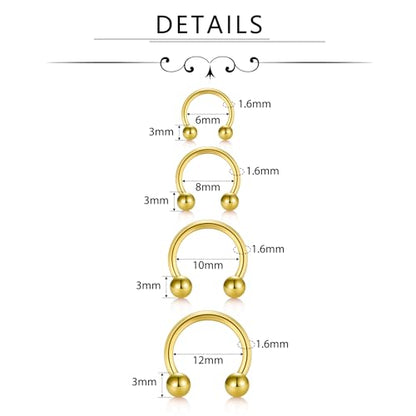 D.Bella 16G 18G 20G Horseshoe Septum Rings Surgical Steel Nose Piercing Jewelry Cartilage Helix Tragus Earring Hoop Eyebrow Lip Retainer for Women Men 6mm 8mm 10mm 12mm - color: 16g-6mm 8mm 10mm 12mm -Gold