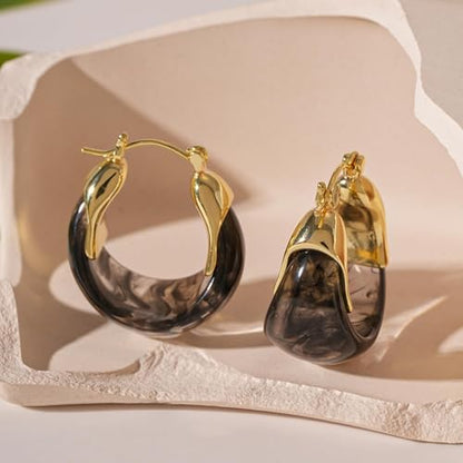 Brown Earrings for Women Chunky Gold Statement Earrings Small Gold Hoop Earring Resin Huggie Earring Square Hoop Trendy Jewelry Gifts for Women Everyday Wear - color: black