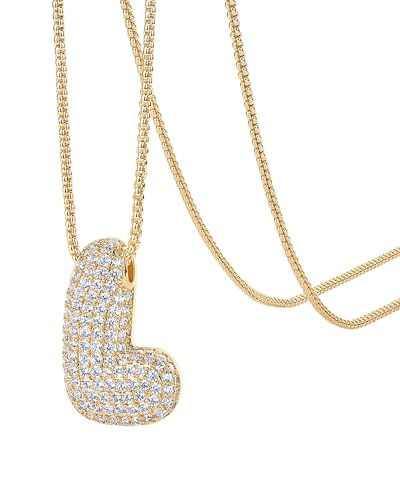 PAVOI 14K Gold Plated Cubic Zirconia Bubble Letter Initial Necklaces for Women | Gold Balloon Necklace Letter | Chunky Pendant Necklaces - style: -L