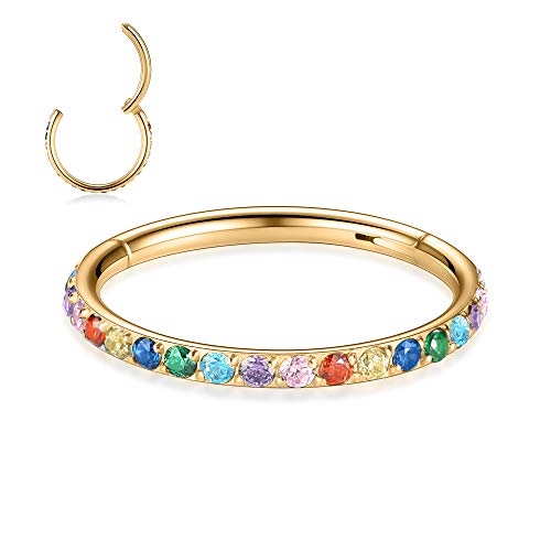 FUNLMO 20G 18G 16G 12G Nose Ring Hoop Conch Rook Daith Helix Tragus Piercing Jewelry 316L Surgical Steel Cartilage Earring Conch Hoop Earring Septum Jewelry Belly Lip Ring 5mm to 14mm - color: Gold-Multicolor CZ, 1pc