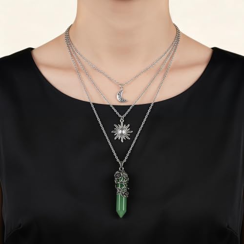 Gothic Emo Grunge Crescent Moon Layered Choker for Women | Boho Moon Sun Star Crystal Pendant Necklace, Punk Witchy Halloween Christmas Jewelry Accessories Gifts - color: Green