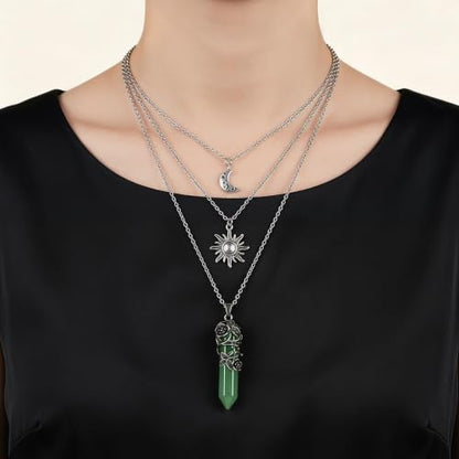 Gothic Emo Grunge Crescent Moon Layered Choker for Women | Boho Moon Sun Star Crystal Pendant Necklace, Punk Witchy Halloween Christmas Jewelry Accessories Gifts - color: Green