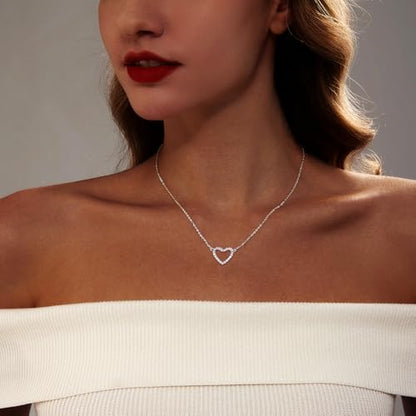 Zeffy Dainty Gold Heart Necklace for Women Trendy 14K Gold/Silver Plate Cute Heart Pendant Choker Necklaces Gold Love Heart Chain Necklace for Women Dainty Gold Jewelry Gifts for Women - style: CZ Open Heart Necklace-Silver