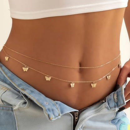 14K Gold Plated Waist Chain for Women, Layered Belly Body Chain | 2Pcs Adjustable Fit, Layered Design, Dainty Chain Styles, Bikini, Dress & Rave Outfits, Beach, Festival & Vacation - color: Gold-Plated 6