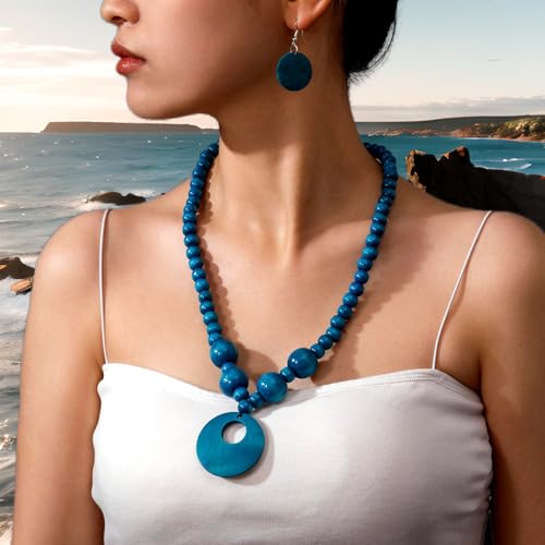 Soyzvteo Boho Wooden Beaded Necklace Earring Set Chunky Statement Costume Jewelry Retro Ethnic Accessories for Women - color: Blue