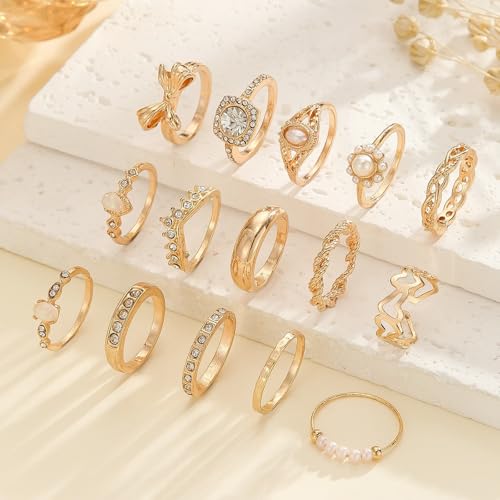Gold Stackable Ring Set for Women, Dainty Fashion Rings Set with Pearl, Crystal, Heart, Bow and Wave Design, Trendy Midi Finger Rings Jewelry Gift - color: A1