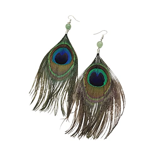 Long Feather Earrings Multicolor Tassel Feather Earrings Handmade Boho Bohemian Peacock Feather Hook Earrings for Women Jewelry - style: green bead