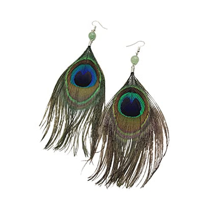 Long Feather Earrings Multicolor Tassel Feather Earrings Handmade Boho Bohemian Peacock Feather Hook Earrings for Women Jewelry - style: green bead