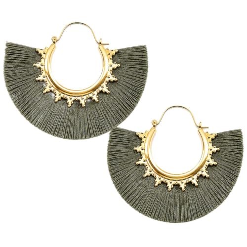 Tassel Hoop Earring Statement Thread Dangle Earrings Stylish Long Fringe Drop Earrings Lightweight Long Swingy French Hook Earrings for Women - color: B Army green