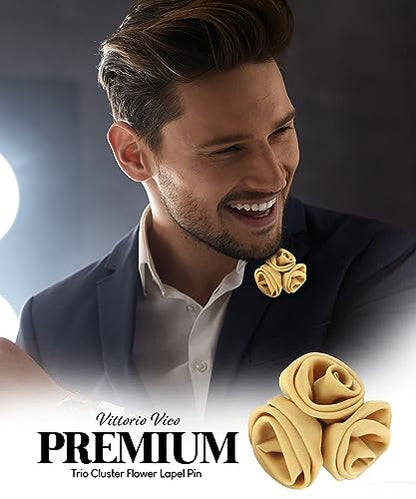 Premium Trio Cluster Flower Lapel Pin - Formal Boutonniere for Men, Flower Brooch Pin - color: Gold
