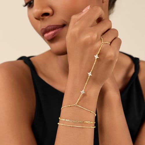 Cicy Bell Hand Chain Bracelets for Women 18K Gold Plated | Layered Stackable Dainty Ring Bracelets, Adjustable Satellite Bead Dot Link Finger Bracelets - color: Style K-Gold