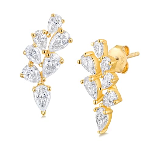 Moissanite 20mm Butterlfy/Flower/Leaf/Bezel Crawler Stud Earrings for Women, 925 Sterling Silver with Gold Plated, Hypoallergenic Cartilage Earrings, Valentines Birthday Anniversary Wedding Gift - color: Leaf - 3.90 Carat - Yellow Gold