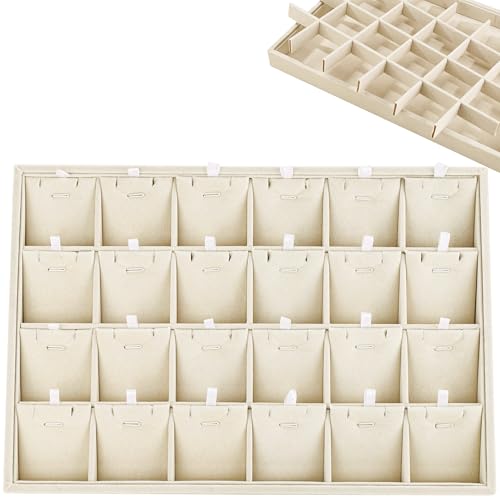 24 Grid Jewelry Tray Velvet Jewelry Display Tray with Removable Dividers | Jewelry Organizer Stackable Trays for Earrings Necklaces Bracelet Rings Display Showcase - Light Khaki - color: Light Khaki