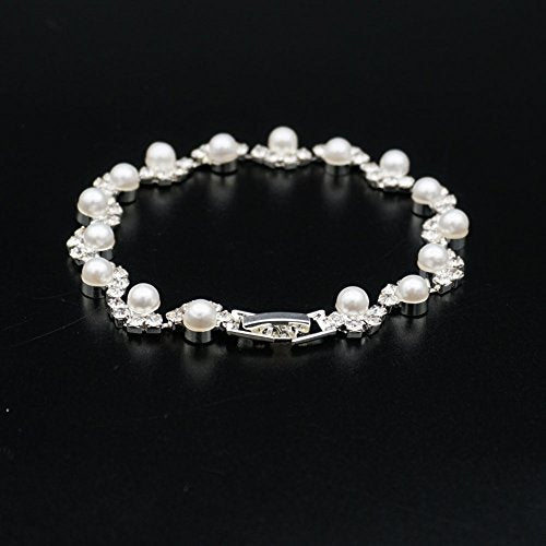 JSEA Womens 4mm Faux Pearl Wave Link Bracelet Silver Rhinestone Bracelets