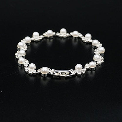 JSEA Womens 4mm Faux Pearl Wave Link Bracelet Silver Rhinestone Bracelets