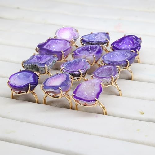 Elegant Geode Druzy Gemstone Statement Ring for Women, Adjustable Ring, Gold Plated Stone Size 20-25mm - color: Purple, style: 1