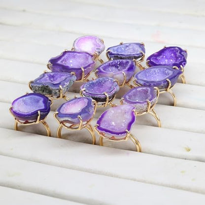 Elegant Geode Druzy Gemstone Statement Ring for Women, Adjustable Ring, Gold Plated Stone Size 20-25mm - color: Purple, style: 1