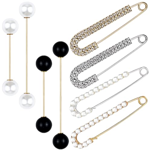 8 Pieces Retro Sweater Shawl Clips Faux Crystal Pearl Brooch Pins for Women Girls Costume Accessory, Waist Back Cincher for Cardigan Collar Dress Shirt Jeans