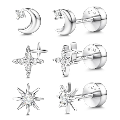 14K Gold Plated 925 Sterling Silver Flat Back Earrings Set | Hypoallergenic Cartilage Helix Conch Tragus Piercing Jewelry 3 Pairs Small Screw Dainty CZ Opal Earring Set Men Women - color: Silver, Style F