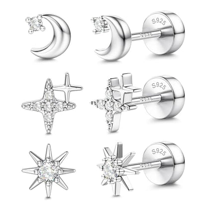 14K Gold Plated 925 Sterling Silver Flat Back Earrings Set | Hypoallergenic Cartilage Helix Conch Tragus Piercing Jewelry 3 Pairs Small Screw Dainty CZ Opal Earring Set Men Women - color: Silver, Style F