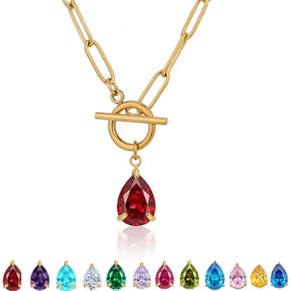 Teardrop CZ Pendant Paperclip Chain Necklace 18K Plated Paperclip Toggle Necklace Jewelry Birthstone Gift for Women - color: Garnet-January