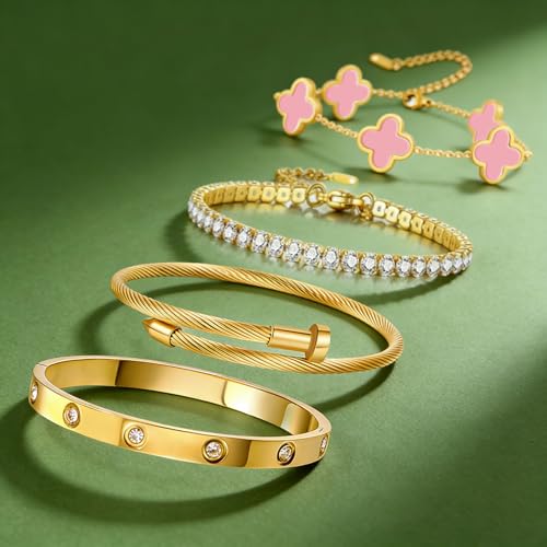 Gold Bracelets for Women, 18K Gold Plated Women Tennis Bracelets Clover Nail Love Bangle Bracelet Set, Gold Bracelet Stackable Set Trendy Jewelry, Gifts for Women's Day and Mother's Day - color: 08-Color-4 Pink