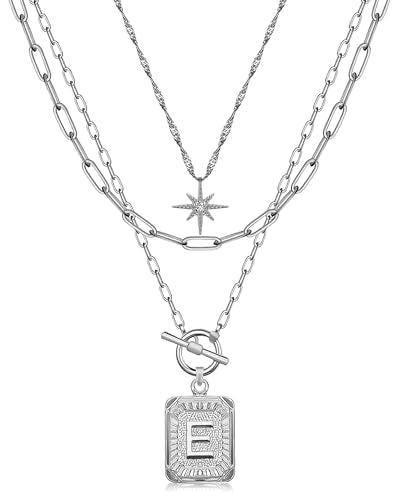 MJartoria Layered Initial Necklaces for Women | 14K Gold Plated Brass, Star Choker, Square Letter Pendant, Paperclip Chain - color: Silver, style: E