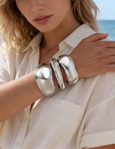 Chunky Gold Bangle Bracelets for Women, Dainty 14k Gold Plated Big Stackable Bangles Set, Trendy Statement Cuff Bracelet Stack Fashion Jewelry Gifts - style: 3 Silver chunky bangles