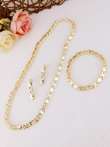 Women's Gold wedding Jewelry Set Tricolor Hugs Kisses Heart necklace set - color: Gold