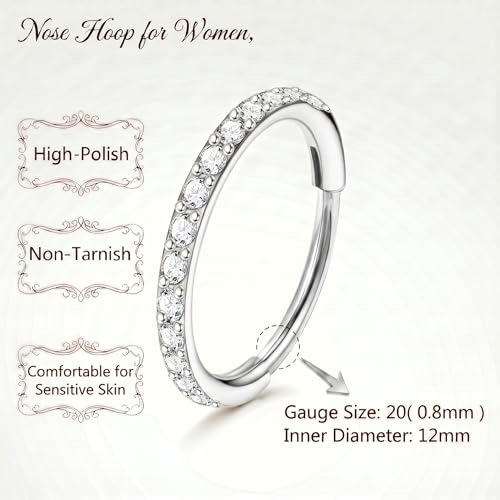 Staligue Nose Hoop ring - 316L Surgical Steel Nose Ring 16/18/20G Hinged Diamond Nose Ring Hoop Septum Clicker Rings Cartilage Earring Helix Rook Tragus Daith Piercing Jewelry for Women 6MM/8MM/10MM/12MM - color: Silver, size: 20G-12MM