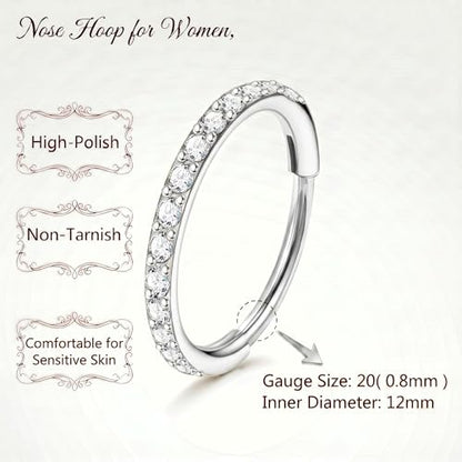 Staligue Nose Hoop ring - 316L Surgical Steel Nose Ring 16/18/20G Hinged Diamond Nose Ring Hoop Septum Clicker Rings Cartilage Earring Helix Rook Tragus Daith Piercing Jewelry for Women 6MM/8MM/10MM/12MM - color: Silver, size: 20G-12MM