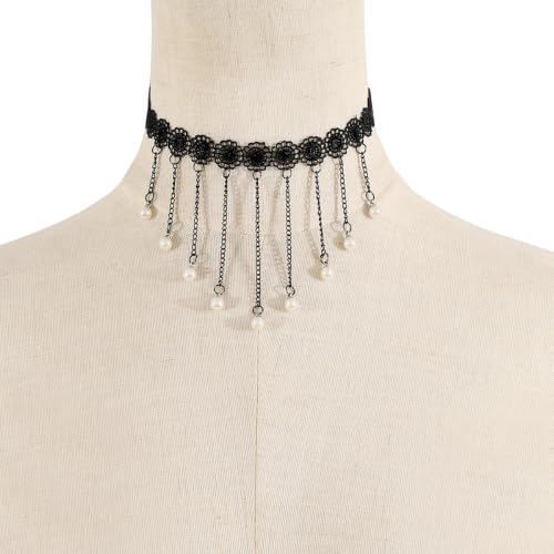Lace Choker Necklace for Women Gothic Pearl Pendant Necklace Halloween Cosplay Jewelry - color: Black