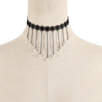 Lace Choker Necklace for Women Gothic Pearl Pendant Necklace Halloween Cosplay Jewelry - color: Black
