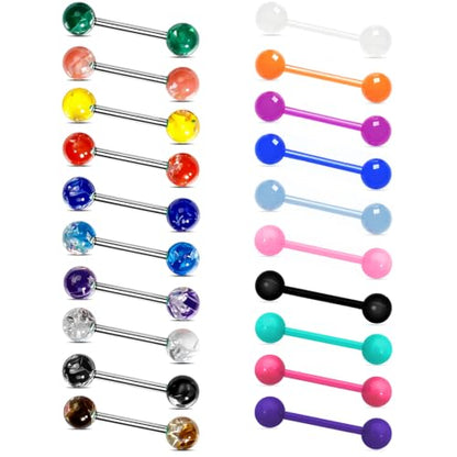 14G Flexible Plastic Tongue Ring Stainless Steel Tongue Barbell | Acrylic Cat's Eye Imitation Opal Glow in Dark Tongue Piercing Jewelry for Women Men 16mm Bar - style: 20PCS