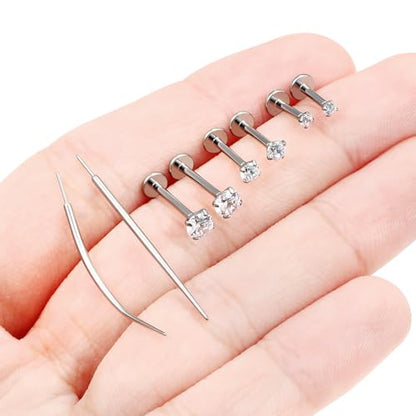 F136 Titanium 20/18/16G Earrings Nose Lip Rings Medusa Tragus Cartilage Helix Labret Flat Back Threadless Implant Grade Stud Piercing Jewelry for Women - color: White CZ, size: 16g*6/8/10mm*2/3/4mm