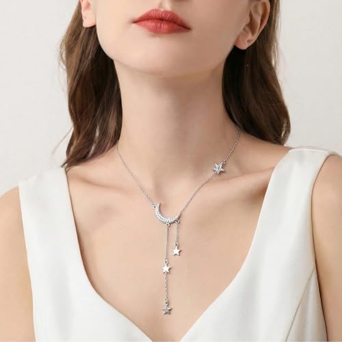 Moon Y Necklace Silver with Star Pendant, Rhinestone Long Link Chain Jewelry, Adjustable Moon Choker Crescent Pendant Collarbone Necklaces, Celestial Statement Jewelry Gifts for Women - style: Modern