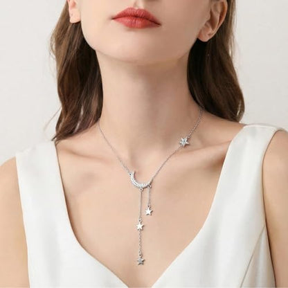 Moon Y Necklace Silver with Star Pendant, Rhinestone Long Link Chain Jewelry, Adjustable Moon Choker Crescent Pendant Collarbone Necklaces, Celestial Statement Jewelry Gifts for Women - style: Modern
