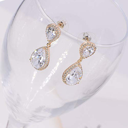Teardrop Dangle Earrings for Wedding - Sparkly Sterling Silver Cubic Zirconia Crystal Rhinestone Drop Earrings Pierced Austrian Style Hypoallergenic Earrings Womens Bridal Jewelry - style: PJ double teardrop earrings gold