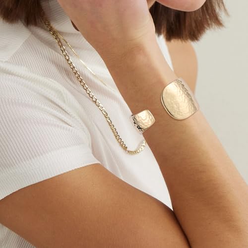 AsAlways 14K Gold Plated Hammered Cuff Bracelet for Women Wide Textured Open Cuff Bangle Statement Gold Chunky Bracelet Jewelry Gift - color: 02 Gold