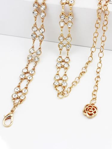 Women Rhinestone Crystal Waist Belts for Dress Adjustable Ladies Metal Chain Belts - size: 105CM/41.3IN, style: Gold-B