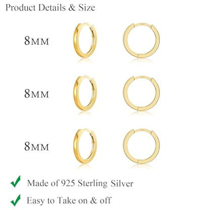 3 Pairs 925 Sterling Silver Small Huggie Hoop Earrings for Women Men | 14K White Gold Plated, Hypoallergenic, Small Silver Hoops - color: J-Gold 3Pairs 8mm