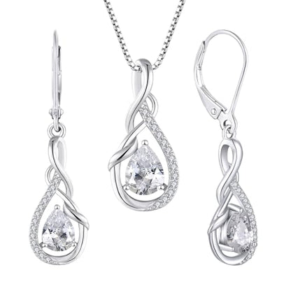 STARCHENIE 925 Sterling Silver Necklace Dangle Earrings for Women Infinity Twisted Teardrop Pendant April Birthstone Cubic Zirconia Jewelry Set