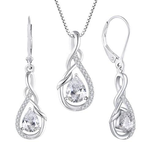 STARCHENIE 925 Sterling Silver Necklace Dangle Earrings for Women Infinity Twisted Teardrop Pendant April Birthstone Cubic Zirconia Jewelry Set