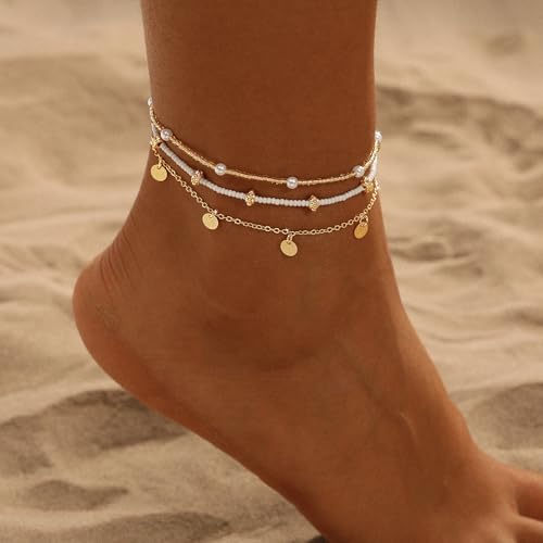 Ankle Bracelets for Women 14K Gold/Silver Plated Cross Heart Bead Anklet Waterproof Adjustable Chain Non Tarnish Cute Boho Trendy Dainty Summer Beach Foot Jewelry Gift for Her - style: 3 Layered Pearl&Disc-GD