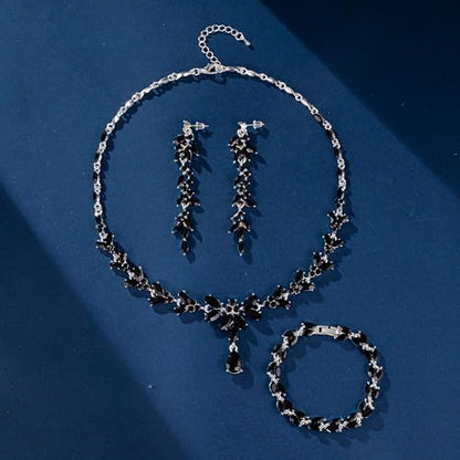 Paxuan Wedding Jewelry Sets for Bride Bridesmaid Bridal Jewelry Set for Women Wedding Crystal Necklace Earrings Bracelet Set for Party Prom Jewelry - color: Black - Silver