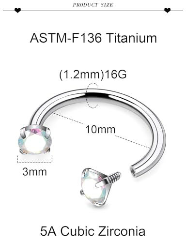 16G F136 Titanium Internal Thread Horseshoe Septum Nose Ring Piercing Jewelry Circular Barbell Helix Snug Tragus Rook Daith Cartilage Earring Lip Ring Piercing Jewelry for Women Men 8MM 10MM - style: 16G, 10MM Length, AB CZ