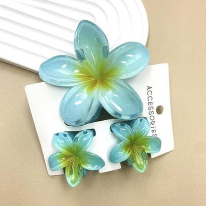 Flower Hair Claw Clip Set,1 Pc Large and 2 Pcs Small Hawaiian Plumeria Claw Clips,Beach Tropical Hair Accessories for Women (Blue) - color: Blue