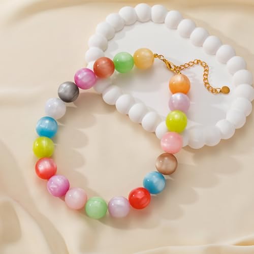 Beaded Necklace for Women Boho Chunky Large Round Beaded Statement Choker Trendy Adjustable Resin Necklaces Summer Beach Jewelry Gifts - color: Colorful