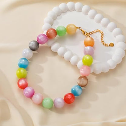 Beaded Necklace for Women Boho Chunky Large Round Beaded Statement Choker Trendy Adjustable Resin Necklaces Summer Beach Jewelry Gifts - color: Colorful